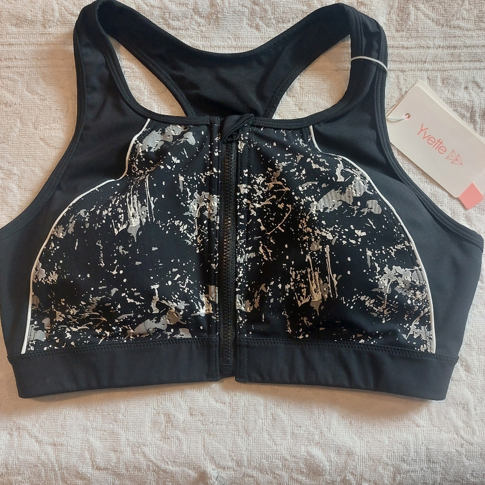 Yvette sports bra zip up size  38 a-c black and white